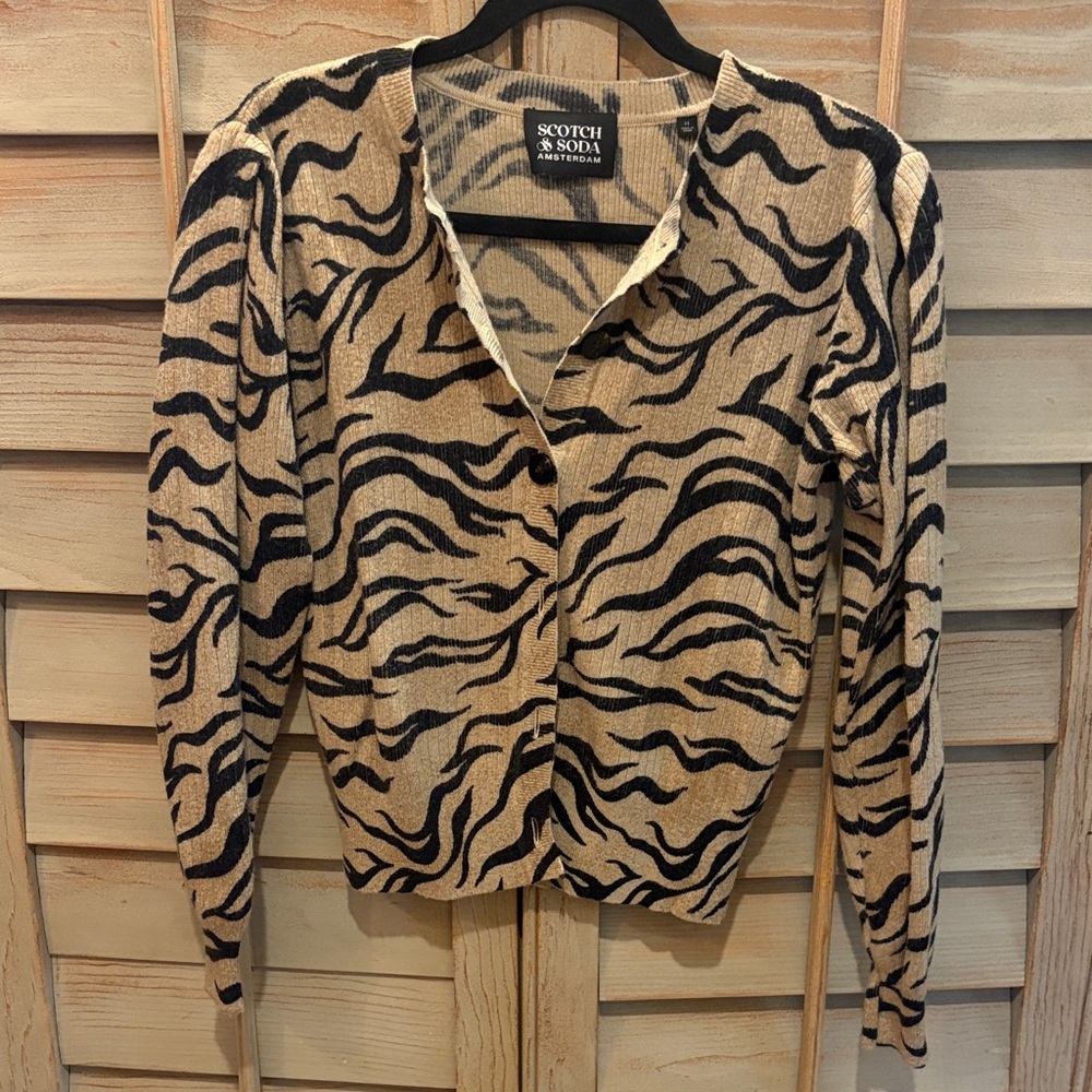 Scotch & Soda Beige and Black Zebra Print Button-Up Cardigan
